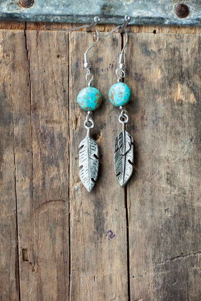 Flat Turquoise Round Earrings with Feather Charms - Handmade Artisan Jewelry