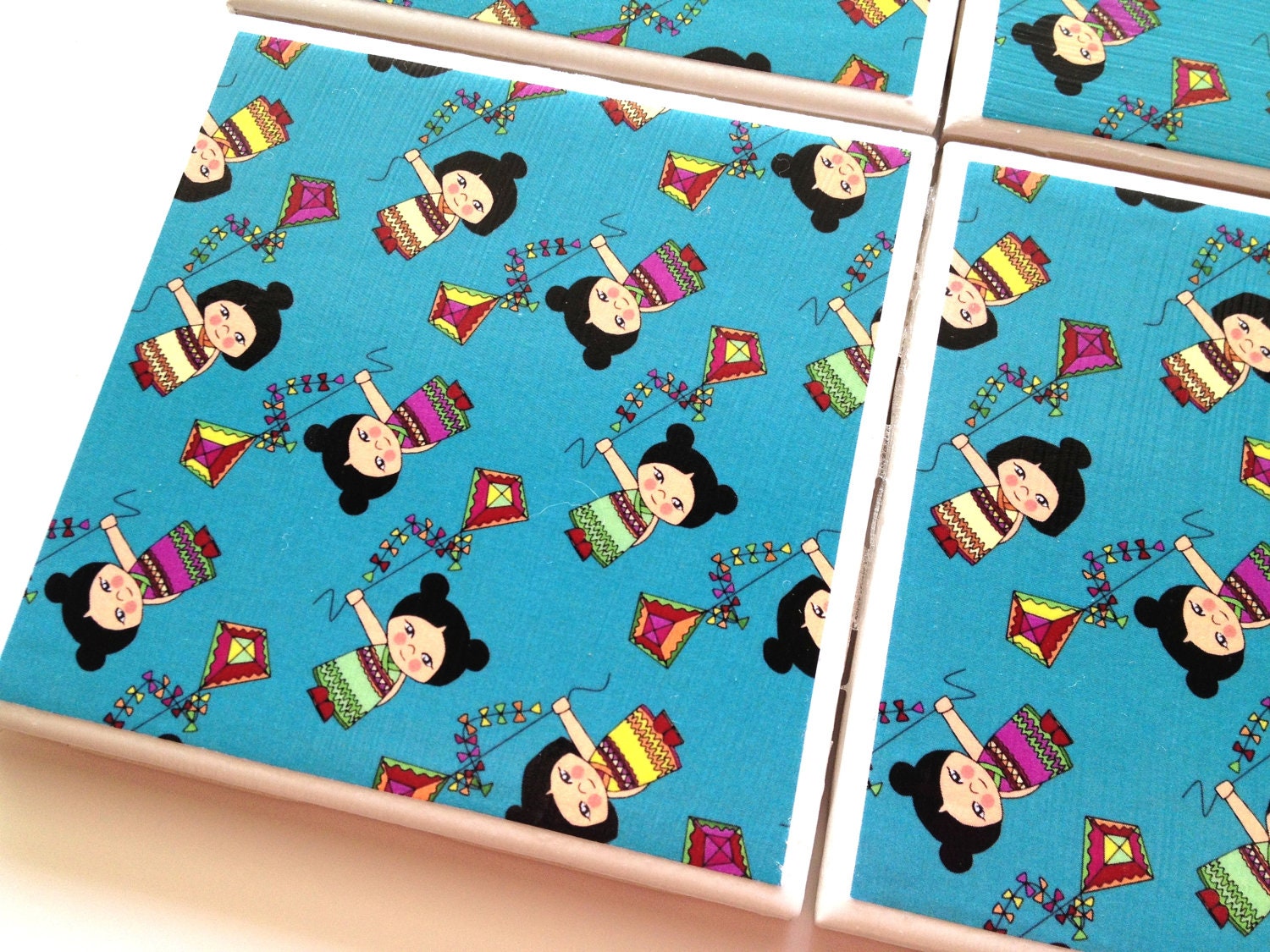 Kokeshi Doll Coasters, Ceramic Tile Set, Japanese Dolls, Geisha Doll, Kimono Doll, Table Protector
