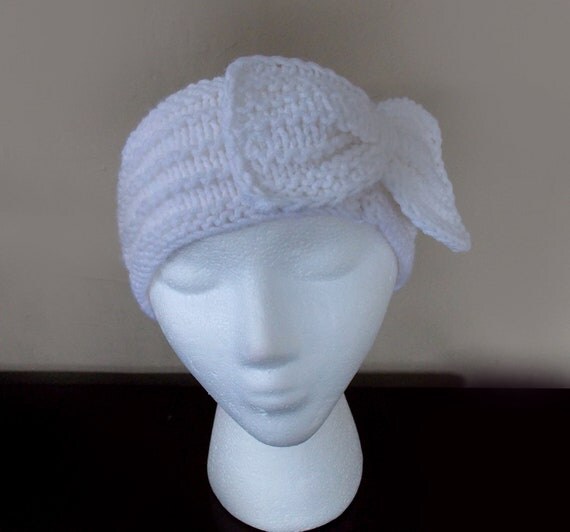 Stylish Handmade White Headband Crochet Head wrap Knit Ear Warmer Earwarmer with Bow - Soft Warm Knit FREE SHIPPING