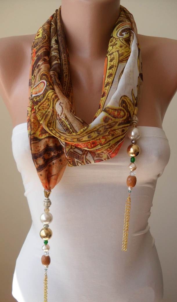 Mother's Day - Unique - Scarf Necklace - Jewelry Scarf - Golden Colors - with Beads and Chain - Trendy - Fashion