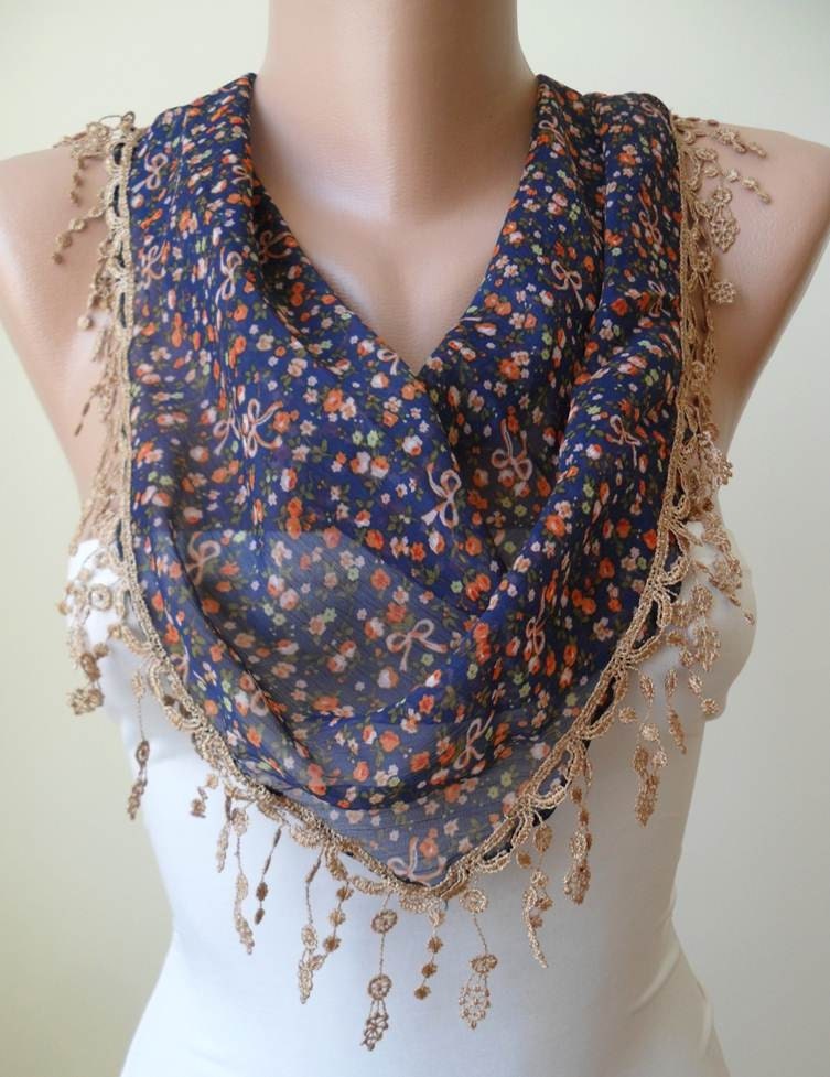 ON SALE - gift - Dark Blue and Orange Flowered Chiffon Scarf with Caramel Trim Edge - Triangle - Summer