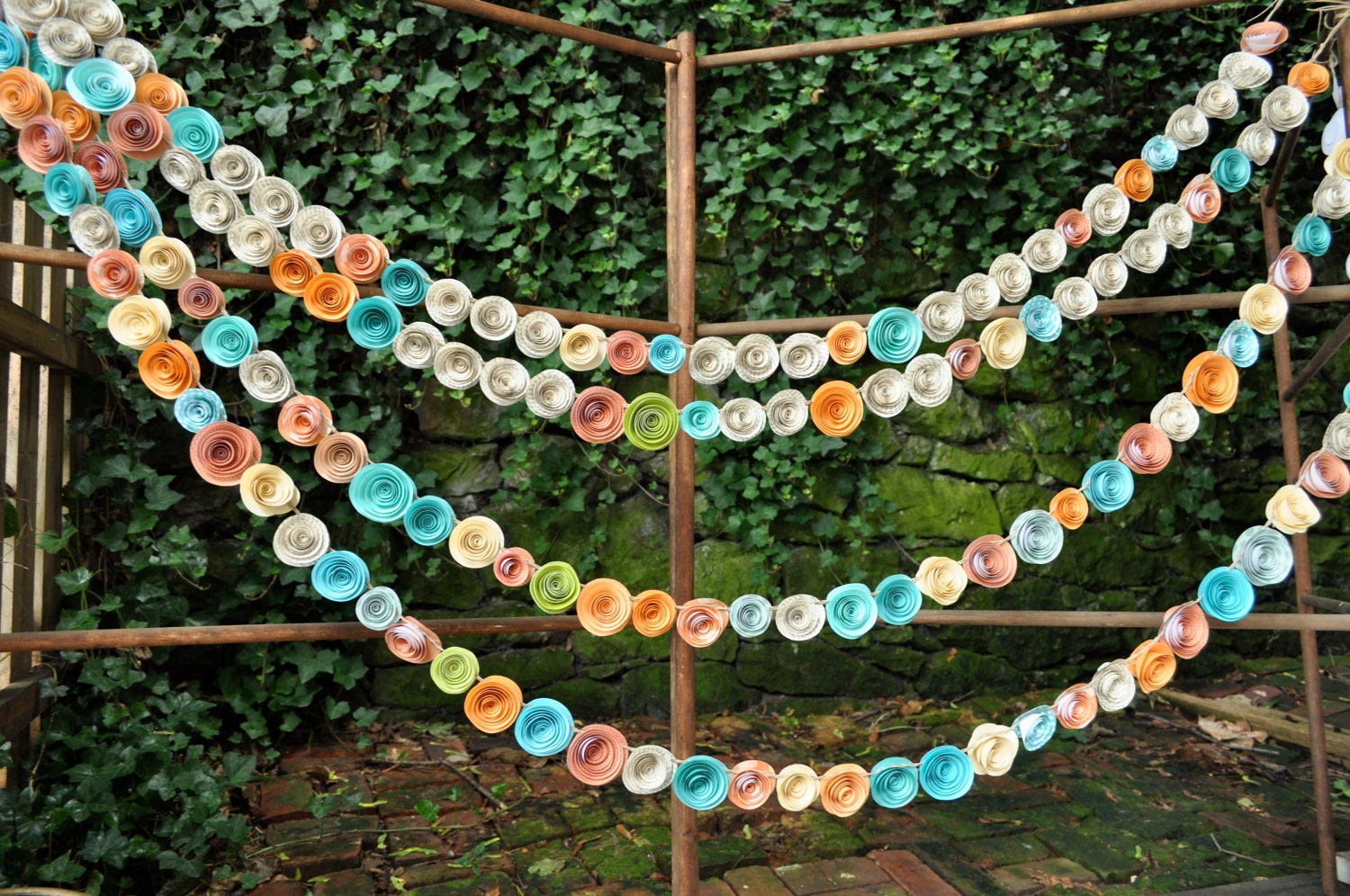 Wedding Garland Paper Flowers Orange, Ivory, Coral, Teal, Pink Book Pages 22 feet