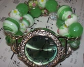 Green and White Chunky Beaded Interchangeable Watch Band and Face