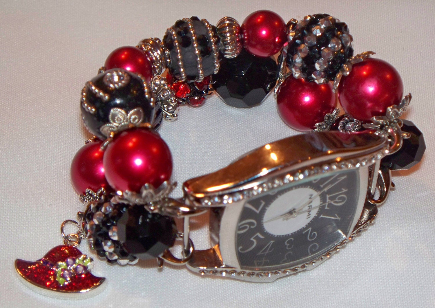 Red and Black Red Hatter Beaded Watch Band with Black CZ face - Chunky - Interchangeable