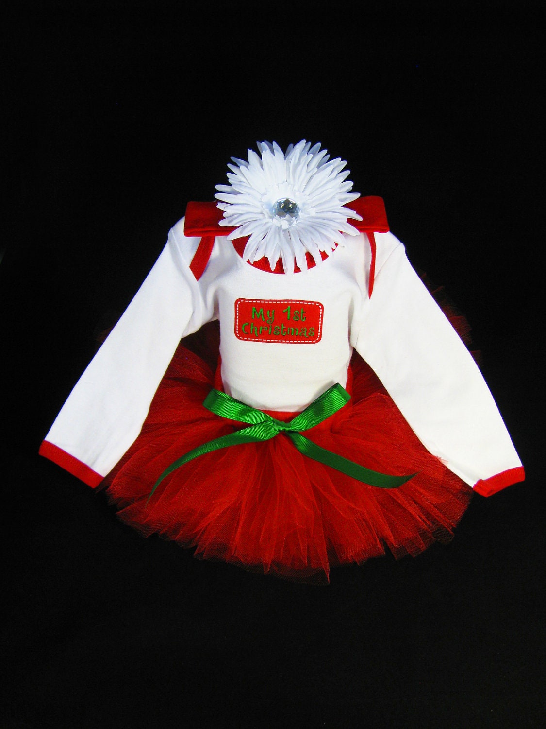 Baby Girl Christmas Outfit - Babys First Christmas Tutu Set - Girls Tutu Bodysuit and Headband Set - Size 3-6 Months