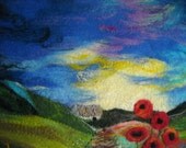original felt landscape, poppies, thatched cottage, fibre art