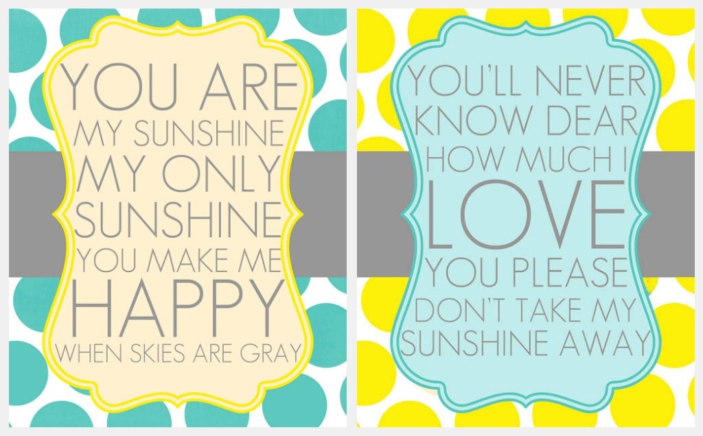 You are my sunshine song 8x10 set- yellow and blue- yellow and teal- nursery art- boy nursery