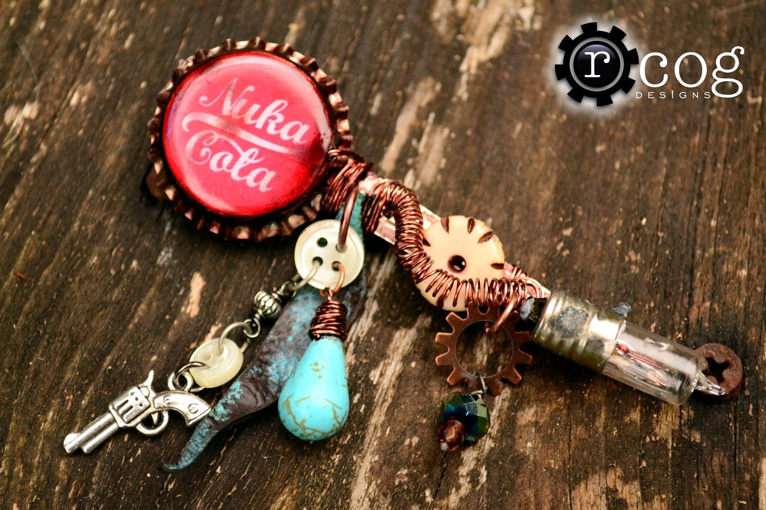 Nuka Cola Fallout  Wasteland Barrette - Cap, Turquoise, Wire Coils, Gun Charm, Light Bulb, Worn Leather, Buttons and More