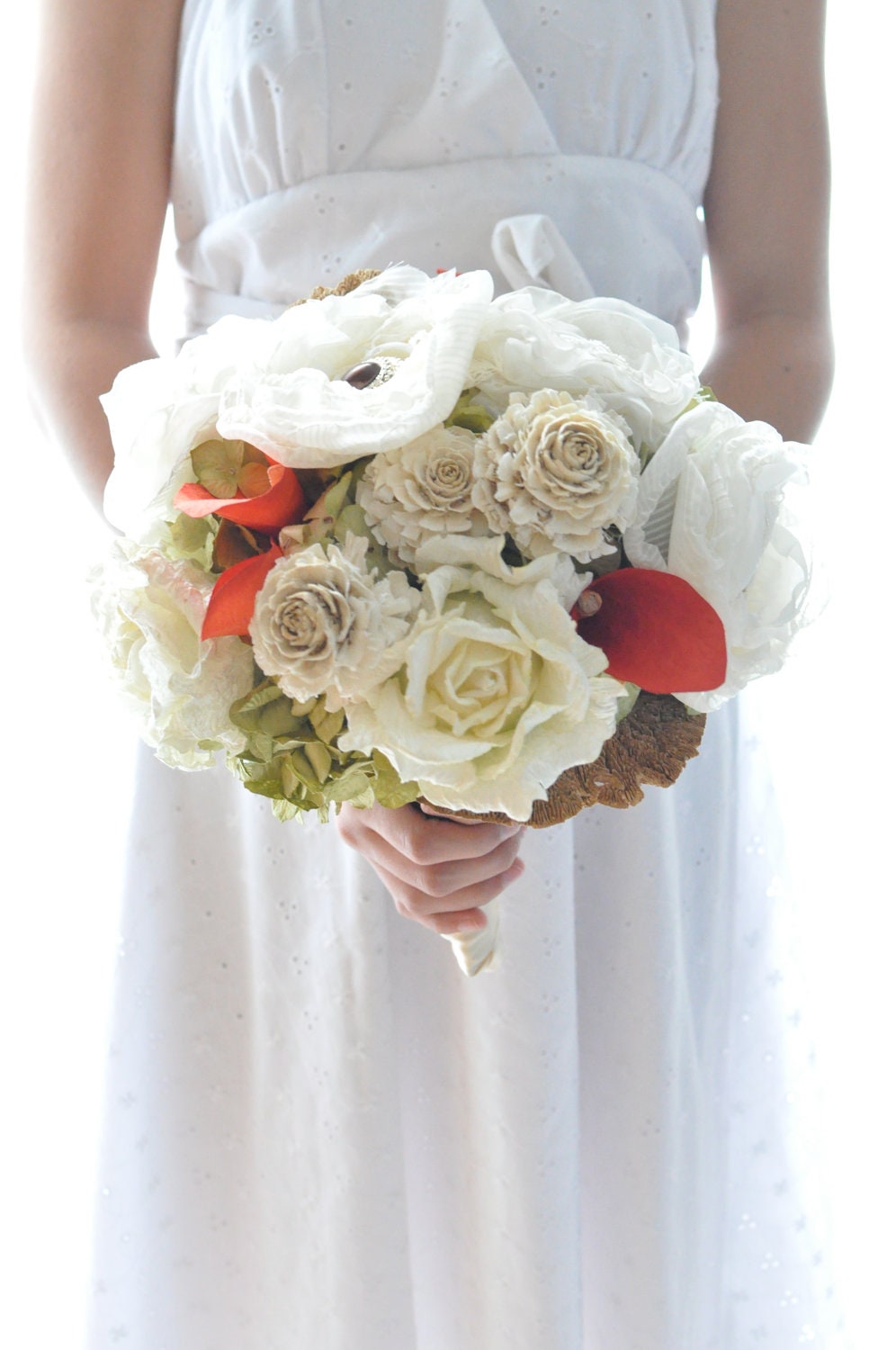 Rustic romance Paper flower bouquet, fabric flower bouquet, Fall wedding with mushroom, twine, orange callas and green hydrangea