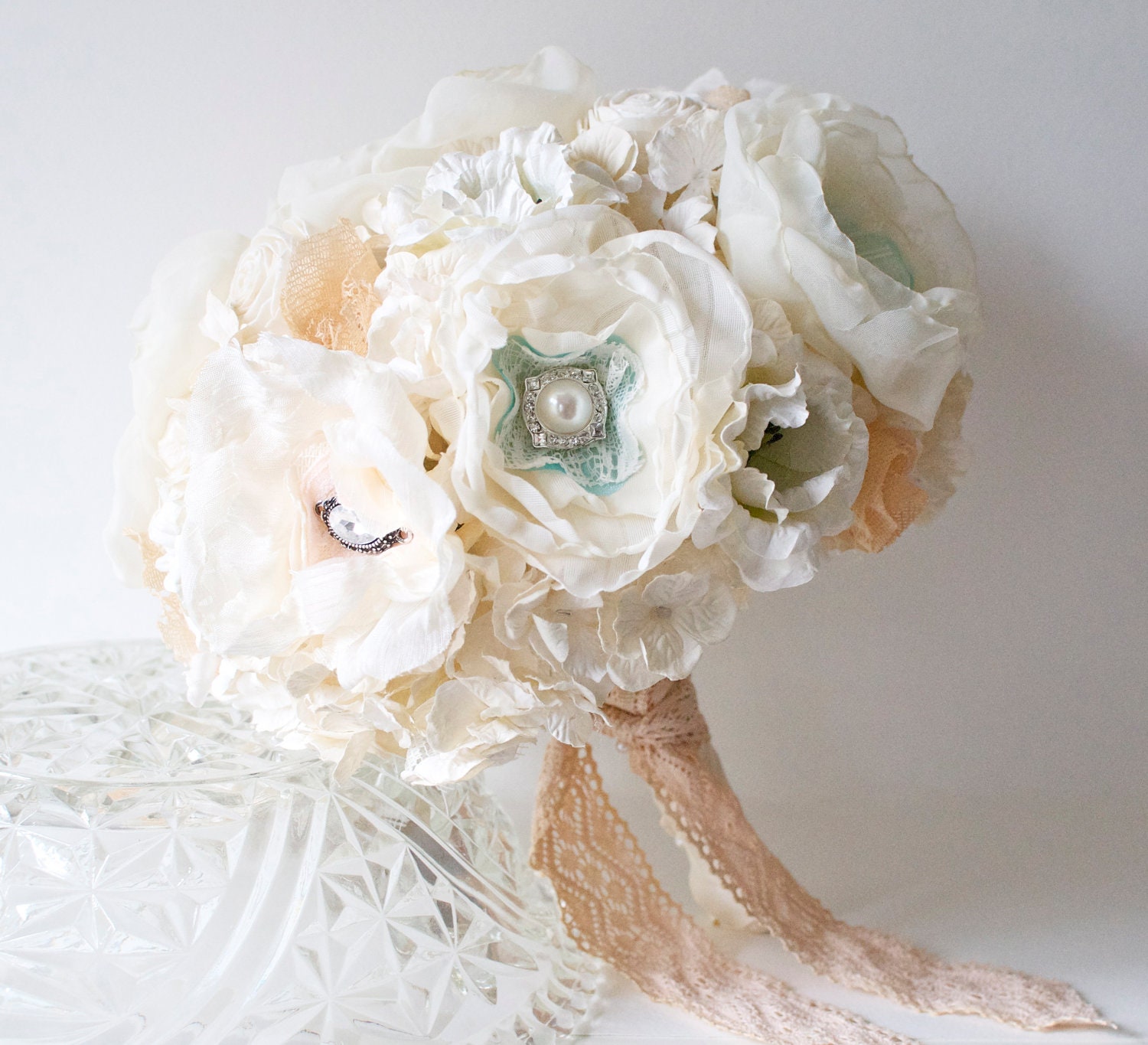 Pastel peach, aqua, and mint fabric flower paper flower bouquet spring 2013 wedding