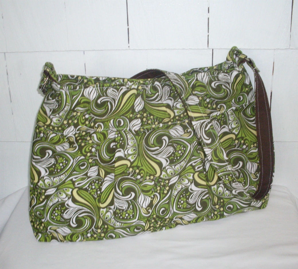Pleated Handbag, large, in Green Scroll--the 'Lily'
