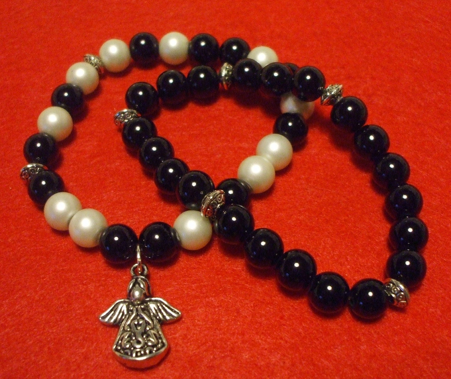 Angel charm bracelet , Black and light grey beaded stretch bracelet set , Christian jewelry , Stackable bracelets