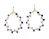 Iolite and Mystic Labradorite Gemstone Earrings, Blue & Grey Wire Wrapped Gold Hoops