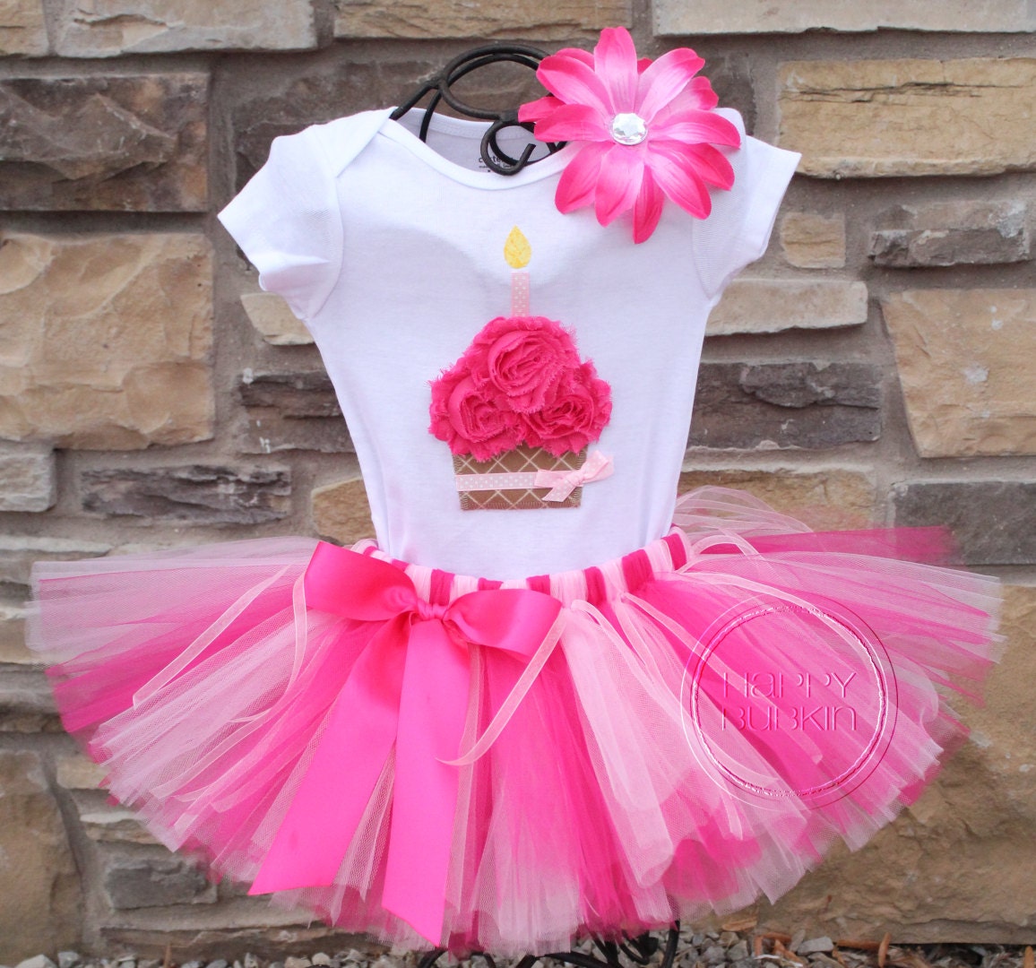 HOT PINK PRINCESS Set-Birthday Girl Tutu Skirt and Cupcake Onesie Set with Free Flower Clip, Newborn,1st, 2nd, 3rd, 4th, 5th Birthday