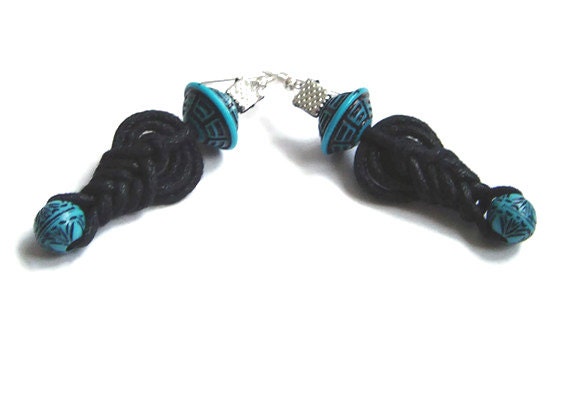 Knot earrings, black dangle earrings,statement earrings, macrame, Black&Turquoise, beaded earrings, gift for her, OOAK