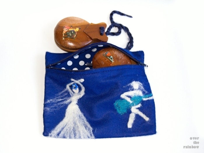 Felt pouch, Royal blue, Makeup bag, Pencil case, Purse, Needle felted, Flamenco motif