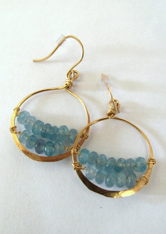 Gold Aquamarine Hoops Hammered Wire Wrapped Jewelry