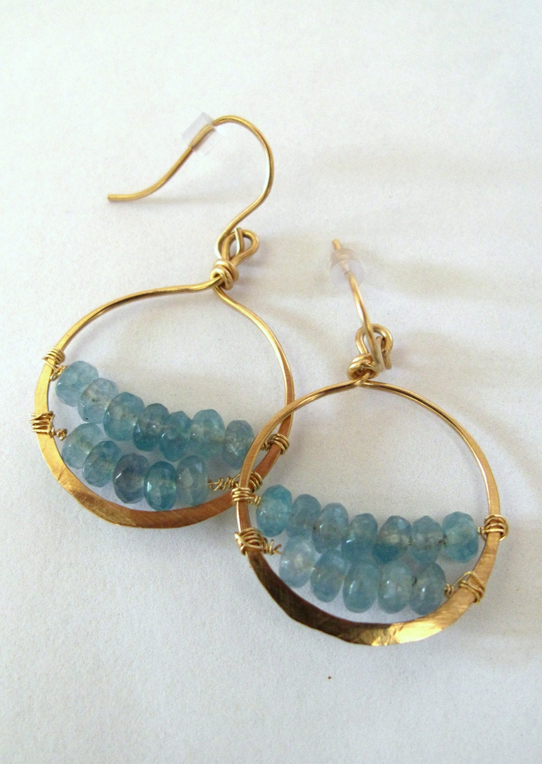 Gold Aquamarine Hoops Hammered Wire Wrapped Jewelry