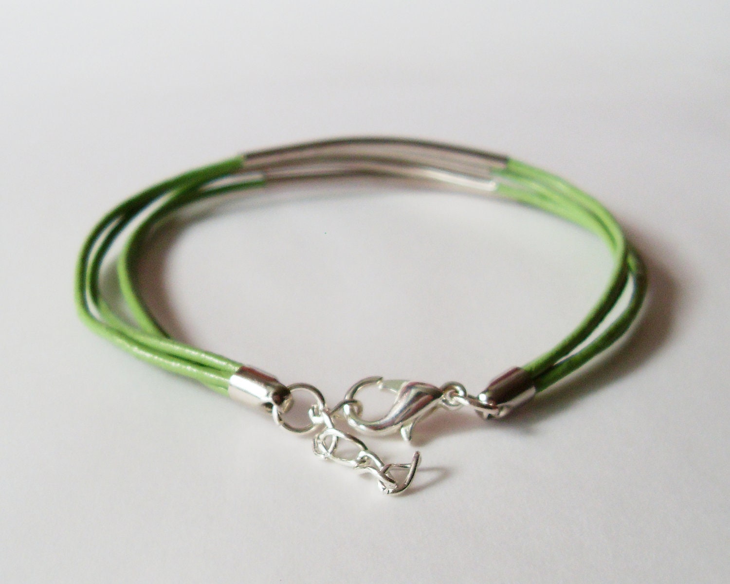Silver Tube Leather Bracelet - 4 Strand Olive Green Leather Strap Bracelet with Silver Color Brass Tube