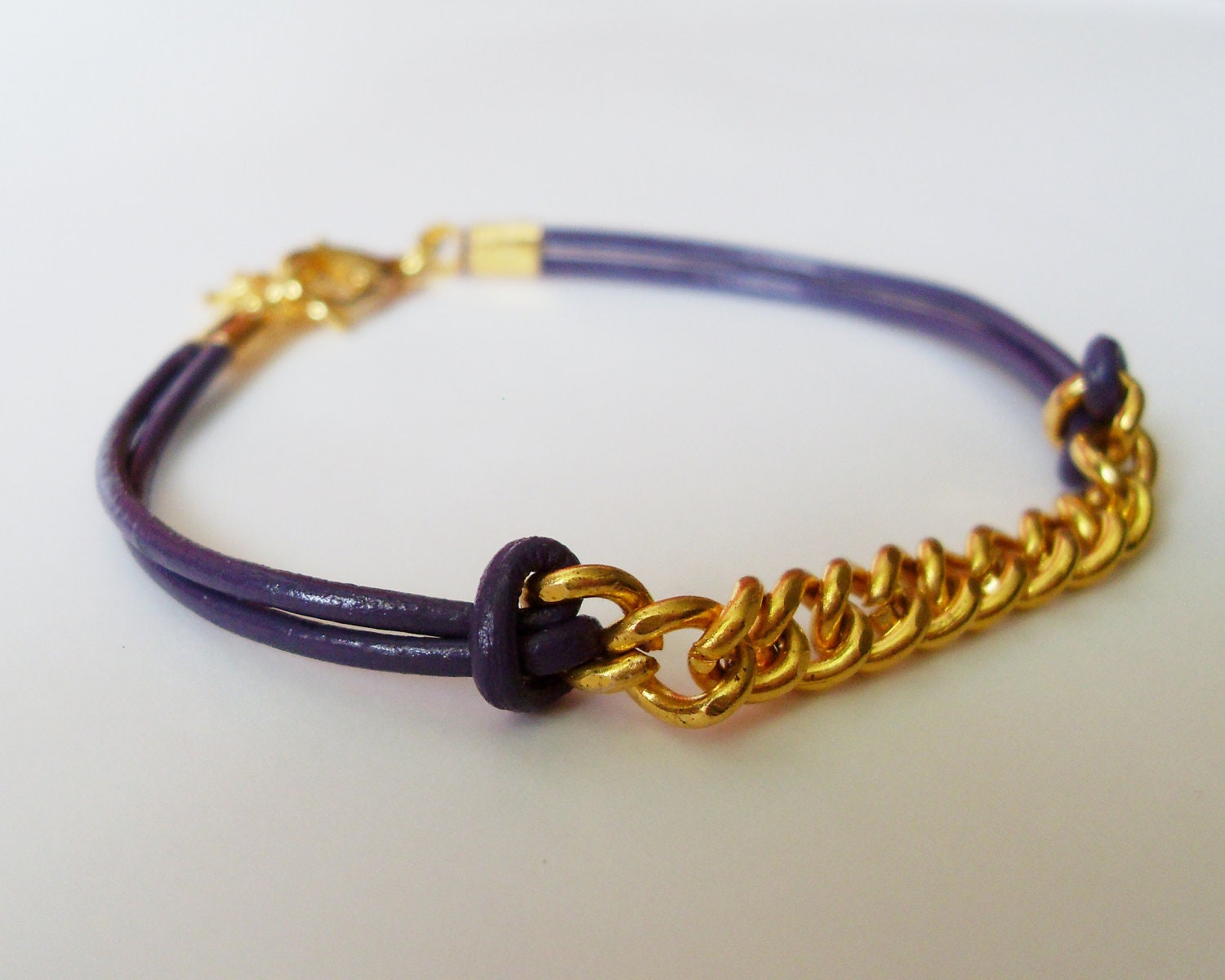 Violet Leather Chain Bracelet - Dark Purple Leather Bracelet with Gold Chain