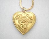 Vintage Brass Rose Heart Locket Necklace.