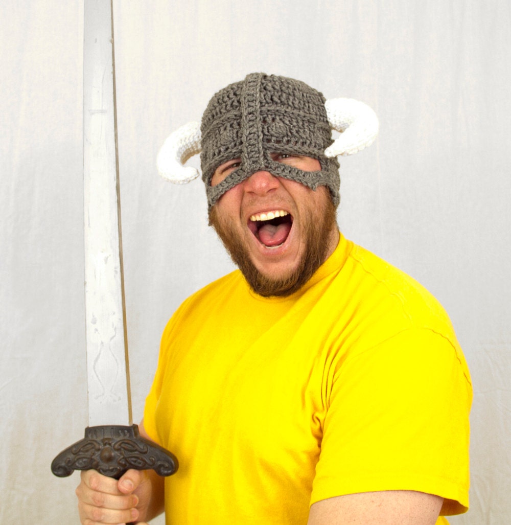Skyrim Hat / Helmet, Crochet Grey Viking Helm with Horns, send size choice baby - adult