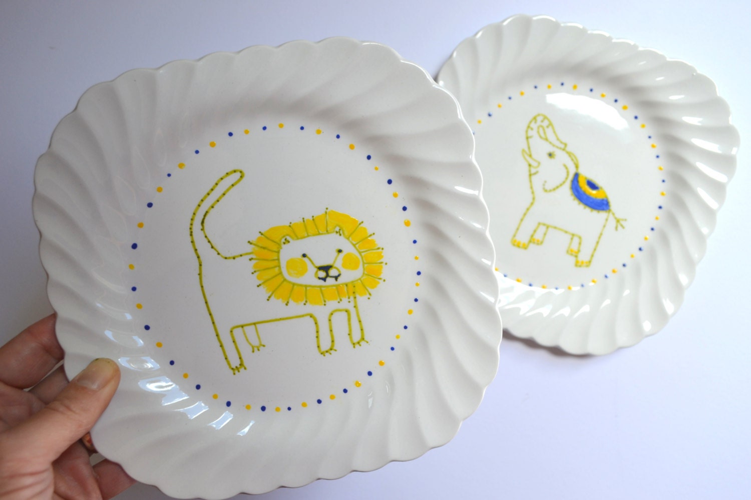 Hand Painted Upcycled Small Ceramic Dessert Plates with Lion and Elephant Designs
