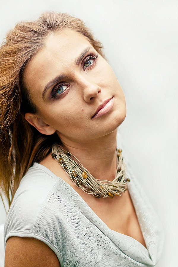 Baltic Amber Linen Necklace Natural Raw Stone Brown Beige Green Earthy Color Gemstone Jewelry