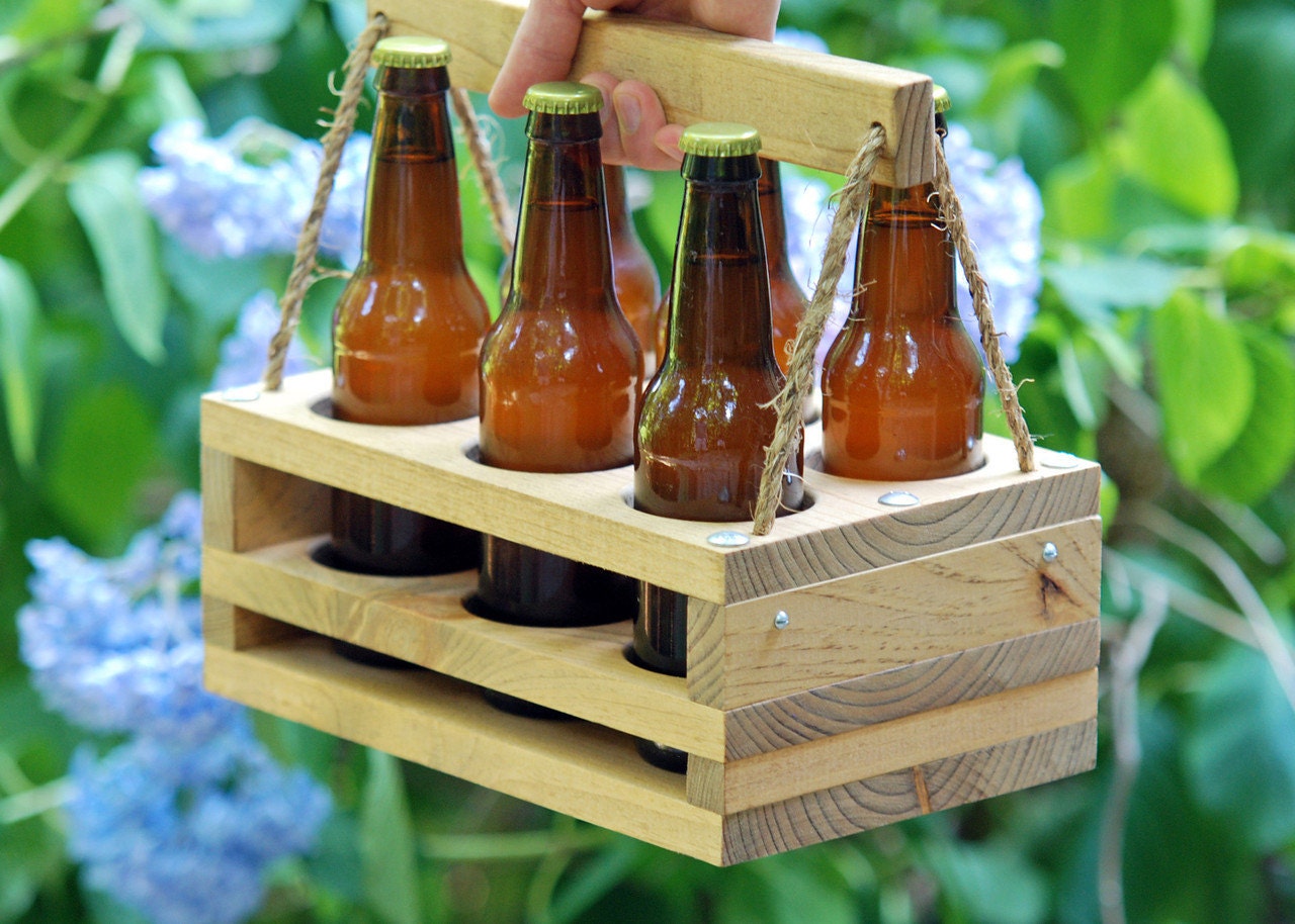 Wood 6-Bottle Beer Carrier-- Homebrew Gift