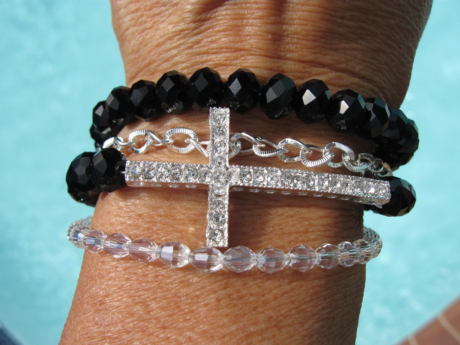 MIDNIGHT...Black crystal Multi-strand Rhinestone Sideways Cross Bracelet