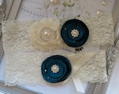 Wedding Garter - Bridal Garter - Teal Blue and Ivory Rosette Garter- Keepsake and Toss Garter Set