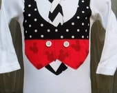 Mickey Mouse Style Vest & Tie Onesie for Baby Boy using Fabric Applique in Red, Black and White Colors