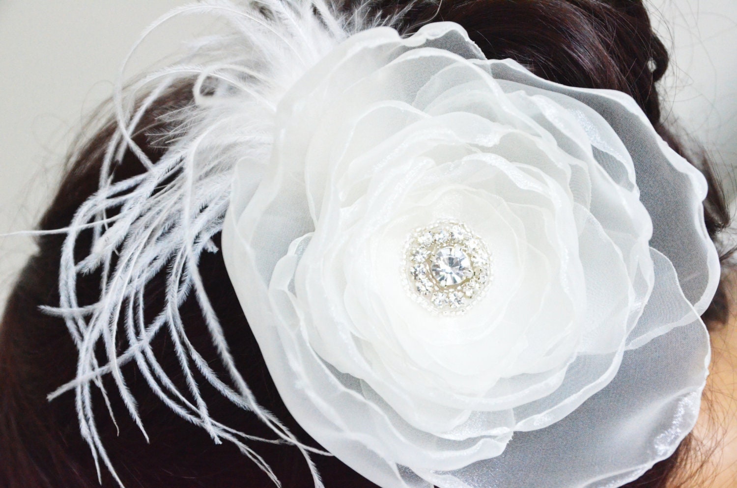 bridal hair flower swarovski rhinestone designed with feather ivory organza alligator clip wedding bridal hair accessory bridesmaids gift