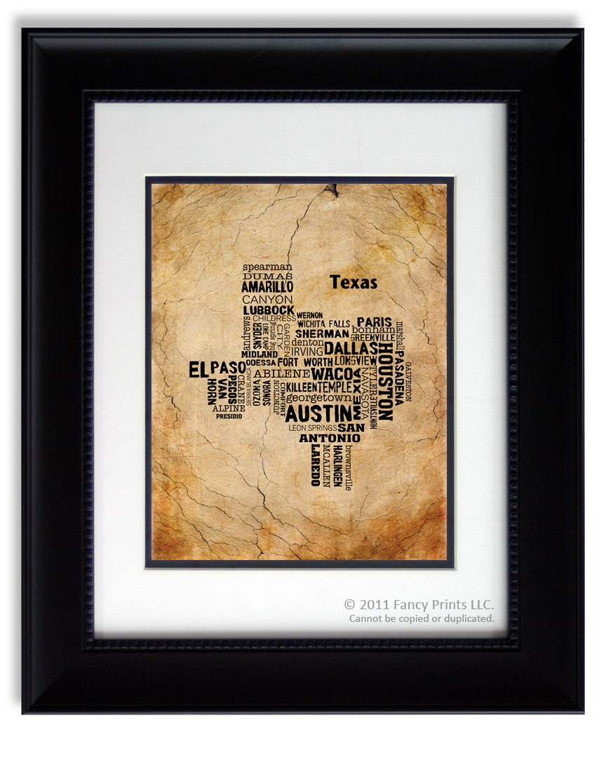 Christmas gift for him - Cities of TEXAS State, Texas Map Cities & Towns - Unique Vintage Style Typography Print, 8x10
