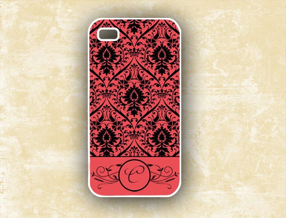 Personalized Iphone cover - red and black damask with elegant monogram - floral Iphone 5 case, silicone or plastic Iphone 4 case (9840)