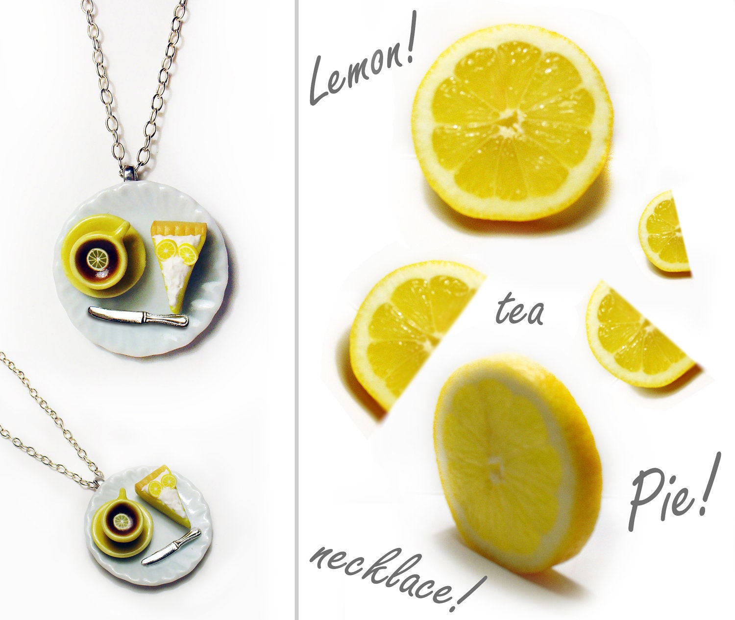 Tea Cup & Lemon Pie Necklace Miniature Food Jewelry, Miniature Food Necklace