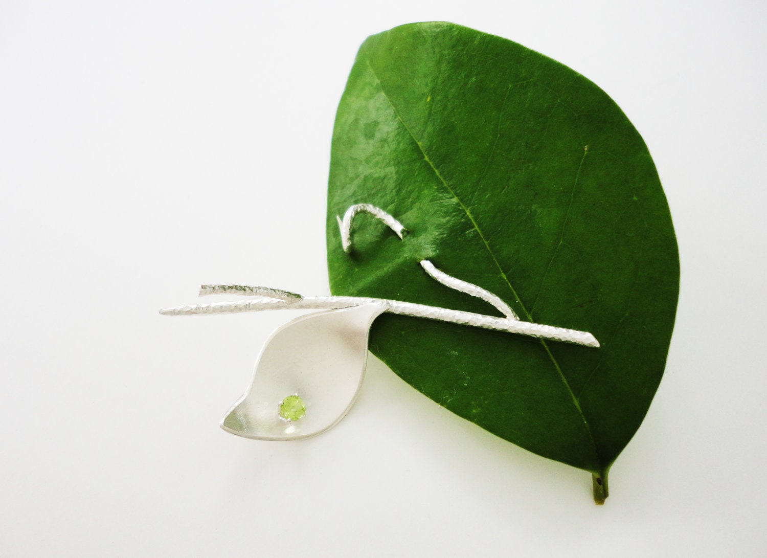 Handmade Sterling Silver Peridot Leaf Brooch, Peridot Brooch, Recycled Silver Brooch, Branch Brooch