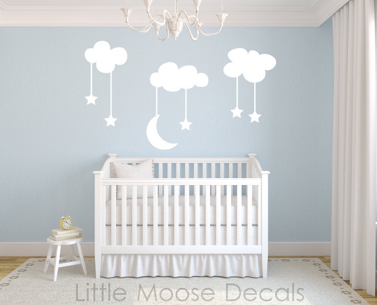Children Wall Decal Night Sky Vinyl - Nursery Decals Baby Room Clouds Stars Moon White