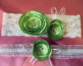 Light Spring Green Wedding Garter Set w/ White Lace & Rhinestones