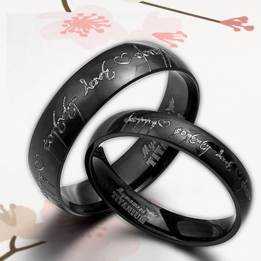 Handmade Anywords Black Lord of ring Elvish Engrave Groom&Bride Wedding Engagement Titanium Rings Set Flat Court