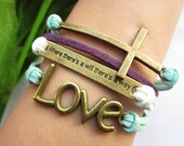 Cross love bracelet--white blue leather charm bracelet,cross pendant,antique bronze bracelet,multilayer bracelet