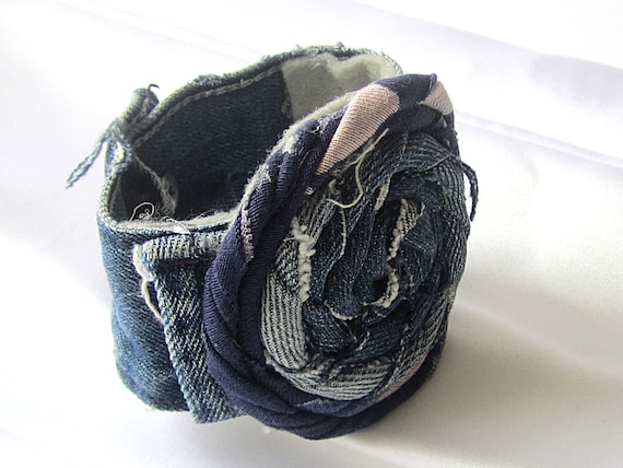 Denim Flower Cuff,  fabric Jewellery, Upcycled Accessory, Repurposed Denim Cuff
