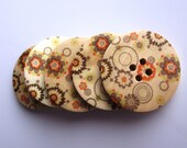 5 Orange and Brown Wooden Buttons: 30mm 4-hole buttons with flowers and circles in lime green, orange and brown