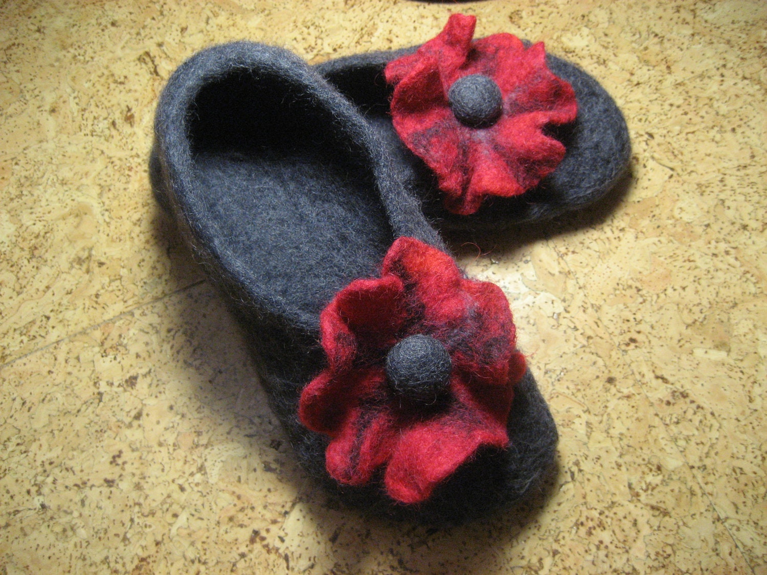 Felted ladies flower brooch slippers, wool, emerald green orange yellow purple black red pink, custom order. St. Patrick's Easter gift