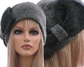 Artsy handmade womens winter hat / cap in grey anthracite / soft boiled wool / size M-L - stretched up to XL / huge bow