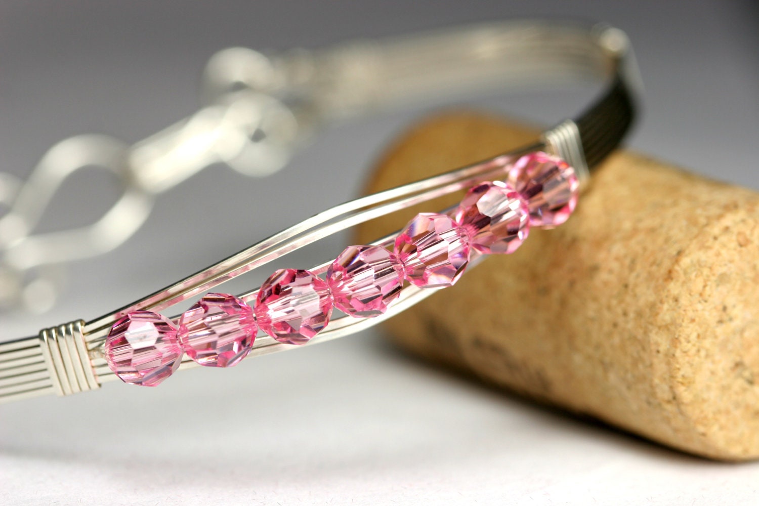 Pink Swarovski Bracelet Wire Wrapped Jewelry Handmade Sterling Silver Jewelry Handmade Swarovski Crystal Jewelry Pink Bangle Bracelet