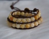 Leather Wrap Bracelet  - Semi Precious Yellow Jade and  Beads, Brown Leather, Lucky Beads Co