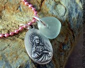 Seaglass. Catholic Necklace. Holy Family. Protective Necklace. Holy Spirit Saint Medal. Sacred Heart, Mary, St Joseph, Infant Jesus.