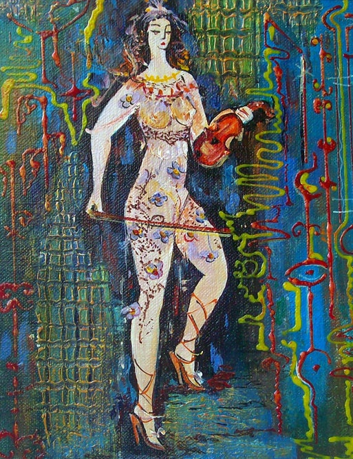 Gaproff original oil canvas musican nude female emo lolita gothic girl barbie magic