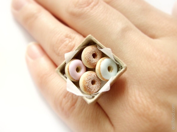 Donuts Ring - Mint Pink Powdered Sugar Donuts - Food Jewelry